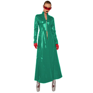 Glossy Women's Slim Long Trench Coat Dress Gothic Victorian Style Long Sleeve Front Zipper Multi-Color S-7XL