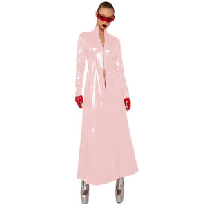 Glossy Women's Slim Long Trench Coat Dress Gothic Victorian Style Long Sleeve Front Zipper Multi-Color S-7XL