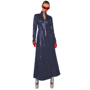 Glossy Women's Slim Long Trench Coat Dress Gothic Victorian Style Long Sleeve Front Zipper Multi-Color S-7XL