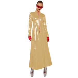 Glossy Women's Slim Long Trench Coat Dress Gothic Victorian Style Long Sleeve Front Zipper Multi-Color S-7XL