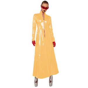 Glossy Women's Slim Long Trench Coat Dress Gothic Victorian Style Long Sleeve Front Zipper Multi-Color S-7XL