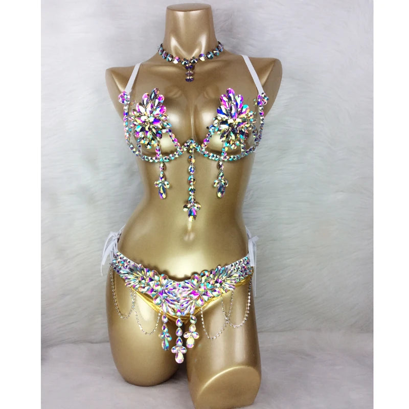 Rhinestone Iridescent Crystal Embellished Bra and Bikini Set for Carnival/Rave/Burlesque Dancing