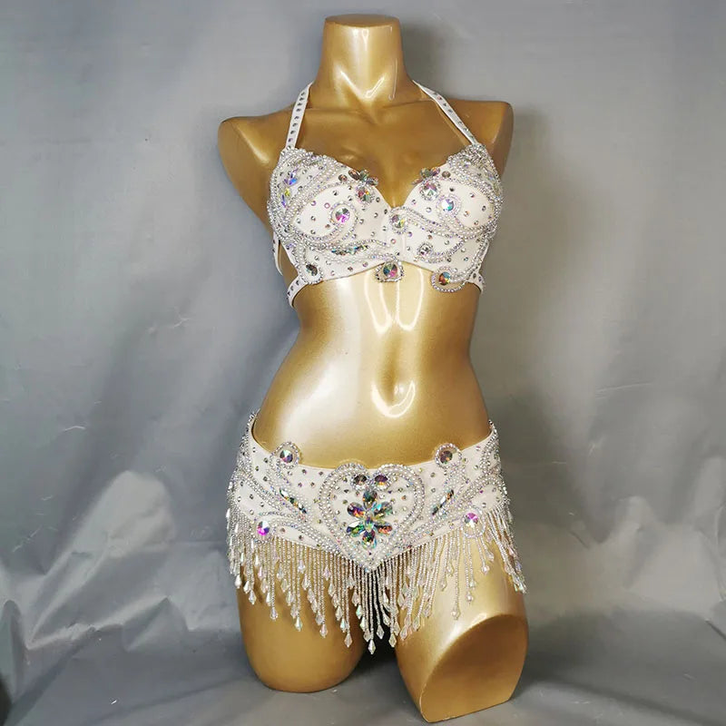Belly Dance Costume Womens Royal Blue Halter Bra and Hip Scarf with Silver Embroidery, Rhinestones, and Beaded Fringe for Performance