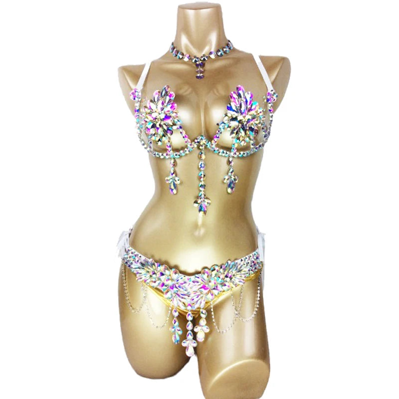 Rhinestone Iridescent Crystal Embellished Bra and Bikini Set for Carnival/Rave/Burlesque Dancing