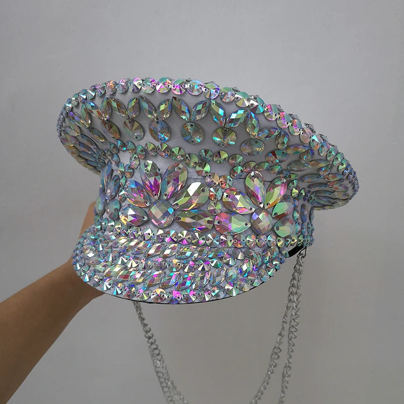 Rhinestone Embellished Military Hat, White, Sparkly Crystal Gemstone Studded, Festival Dance Accessory