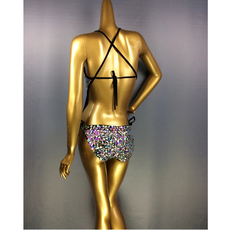 Bodysuit Women's Iridescent Sequin Rhinestone Halter V-Neck Side Tie Leotard, Stage Performance Dancewear