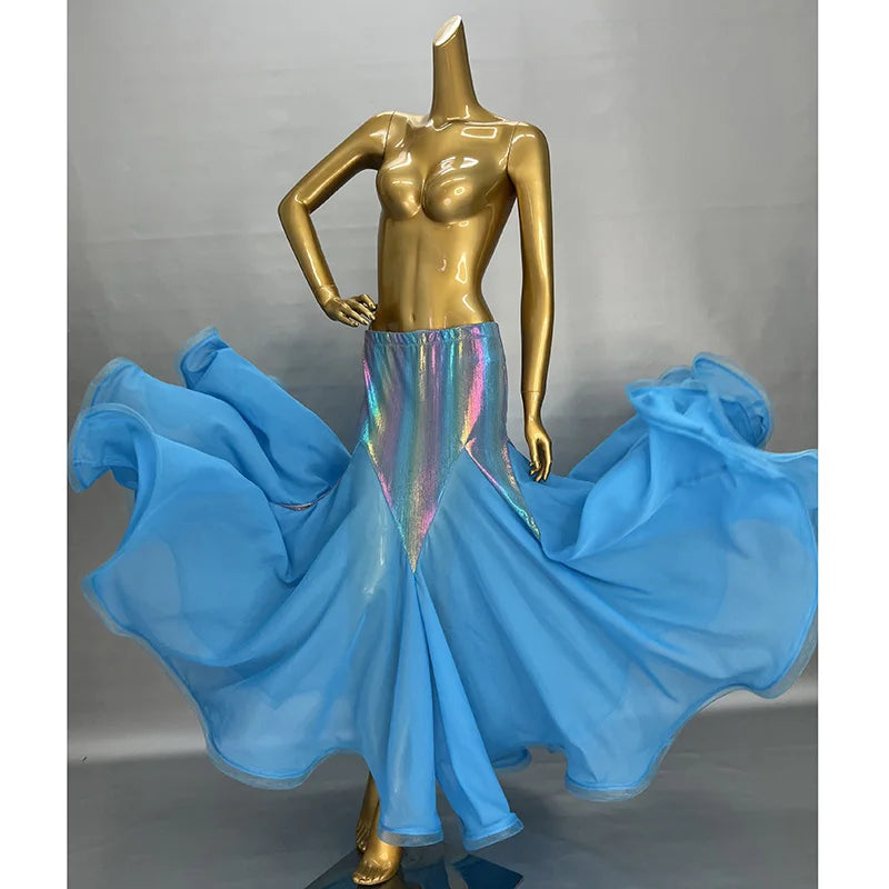 Belly Dance Skirt Women's Blue Shimmering Sequined Chiffon Flowy Mermaid Skirt