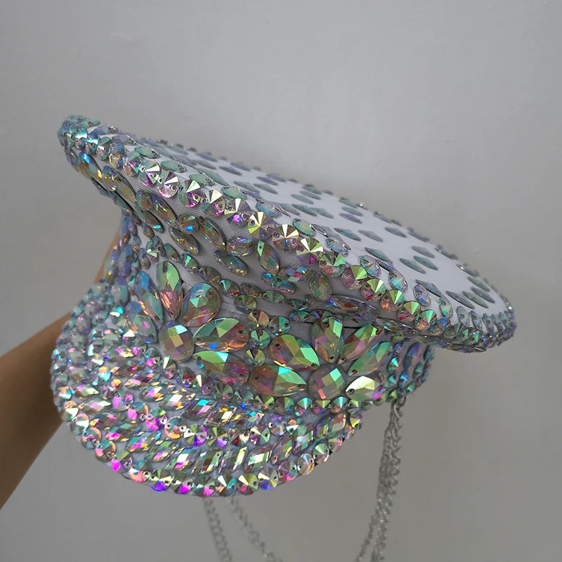 Rhinestone Embellished Military Hat, White, Sparkly Crystal Gemstone Studded, Festival Dance Accessory
