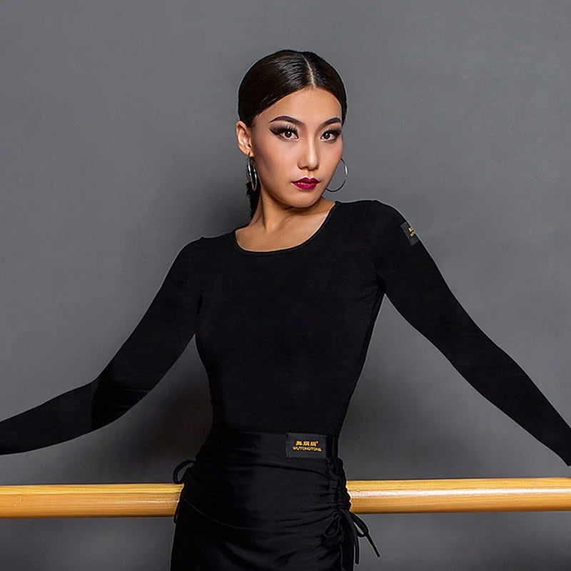 Women's Black Long Sleeve Round Neck Dance Top with Drawstring Skirt