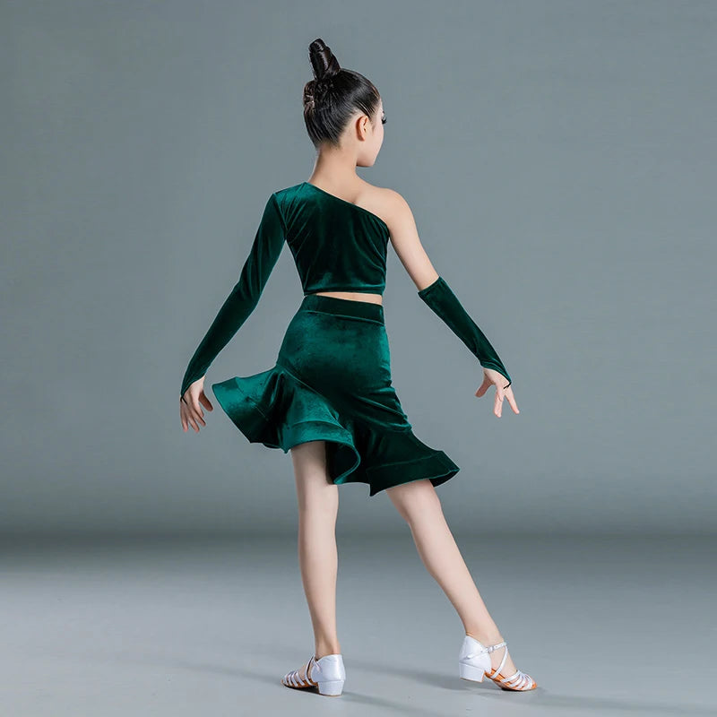 Girls' Blue and Green Velvet One-Shoulder Long Sleeve Ruffled Skirt Latin Dance Dress
