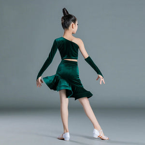 Girls' Blue and Green Velvet One-Shoulder Long Sleeve Ruffled Skirt Latin Dance Dress