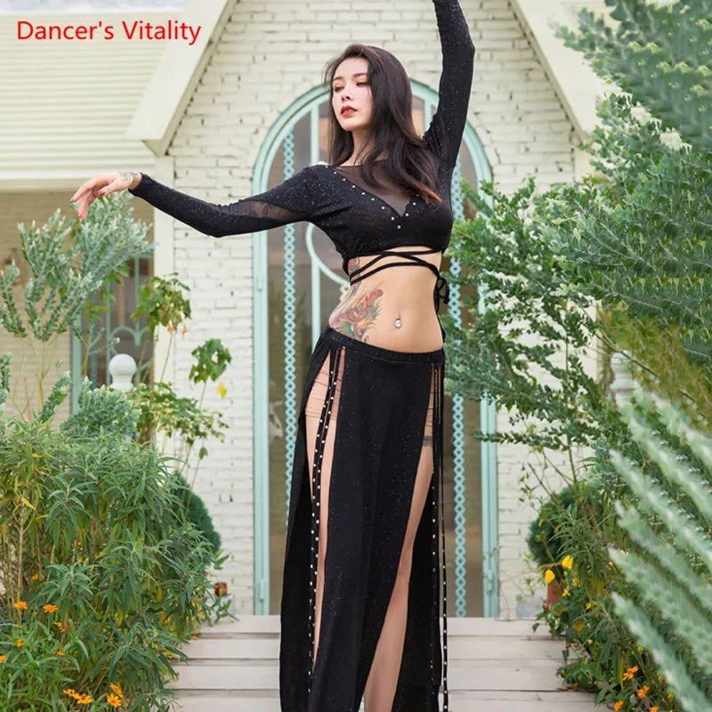 Belly Dance Women's Black Long Sleeve Mesh Crop Top and High Slit Skirt with Studs, Glitter Fabric