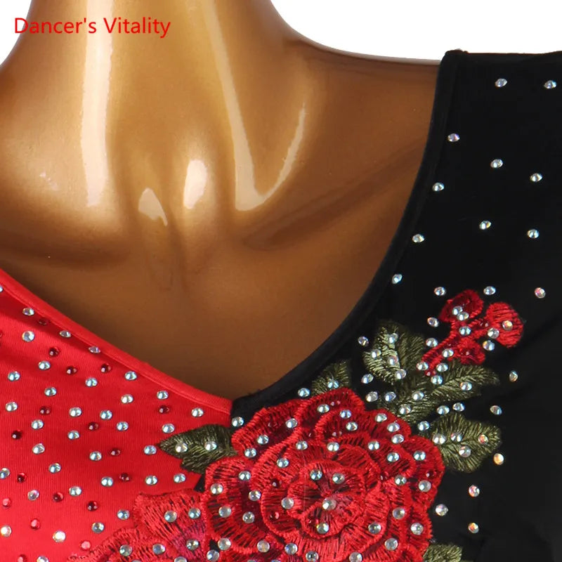 Ballroom Dance Dress Women's Red Black Long Sleeve Embroidered Rhinestone Standard Waltz Tango Competition Gown