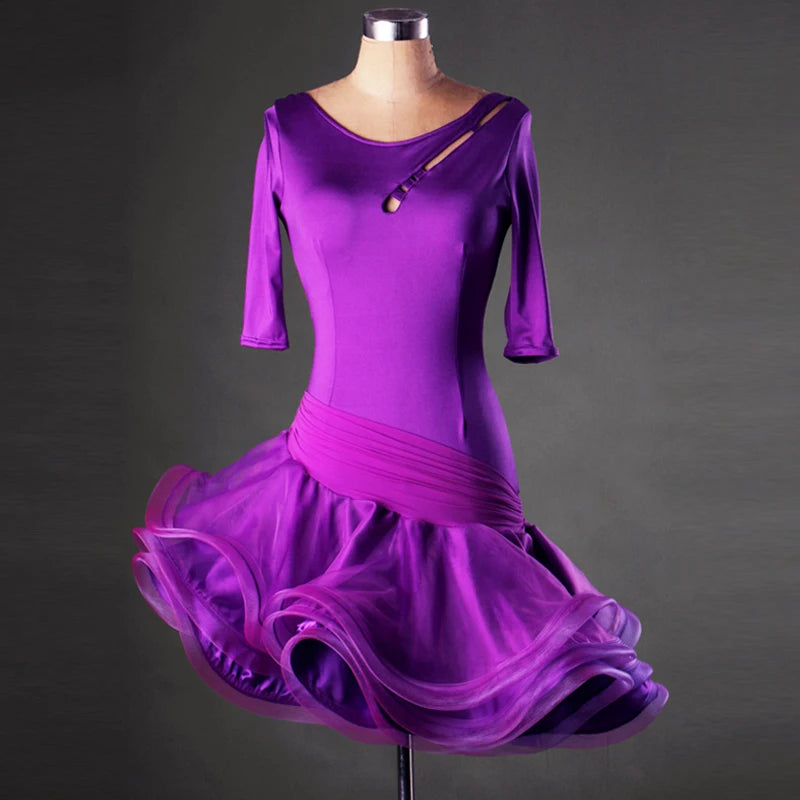 Latin Dance Dress Women's Red Stretch Knit Quarter Sleeve Cut-out Backless Ruffled Standard Ballroom Performance Costume