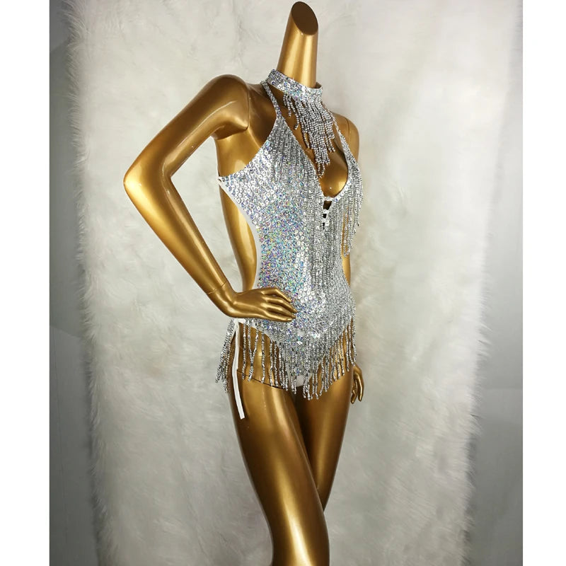 Women's Silver Sequin Fringe Halter Neck Bodysuit Dance Leotard - Latin, Salsa, Ballroom