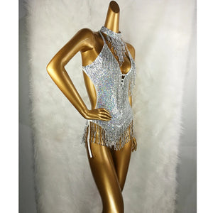 Women's Silver Sequin Fringe Halter Neck Bodysuit Dance Leotard - Latin, Salsa, Ballroom