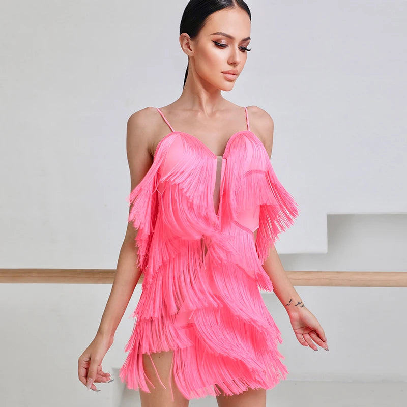 Women's Black Fringe Latin Ballroom Dance Dress, V-Neck Spaghetti Strap Cut-Out Mini Dress