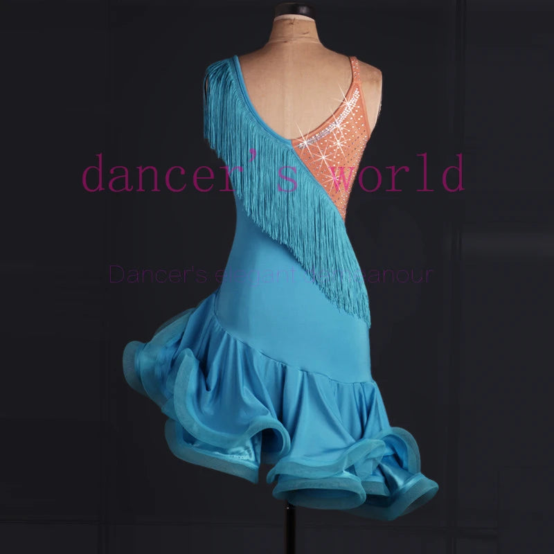 Women's Hot Pink Latin Dance Dress with Fringe, Rhinestones, and Ruffled Skirt
