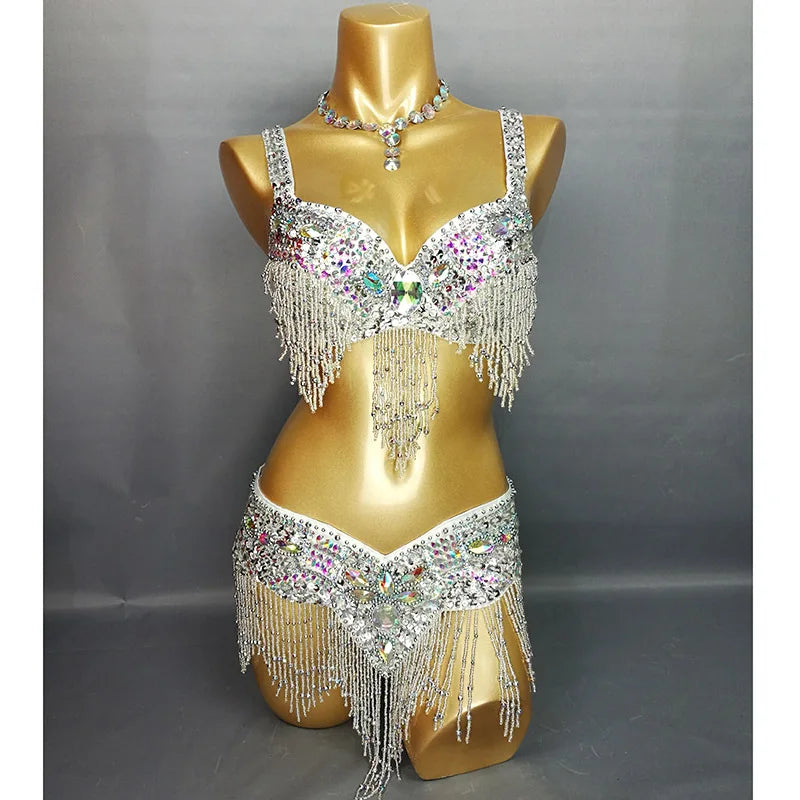 Women's Black & Silver Beaded Sequin Fringe Belly Dance Costume Set