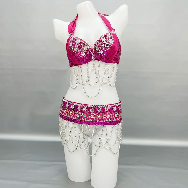 Belly Dance Costume Women's Gold Sequin Beaded Halter Bra and Hip Scarf Set with Chain Fringe