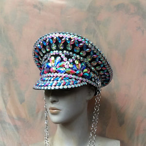 Rhinestone Embellished Military Hat, White, Sparkly Crystal Gemstone Studded, Festival Dance Accessory