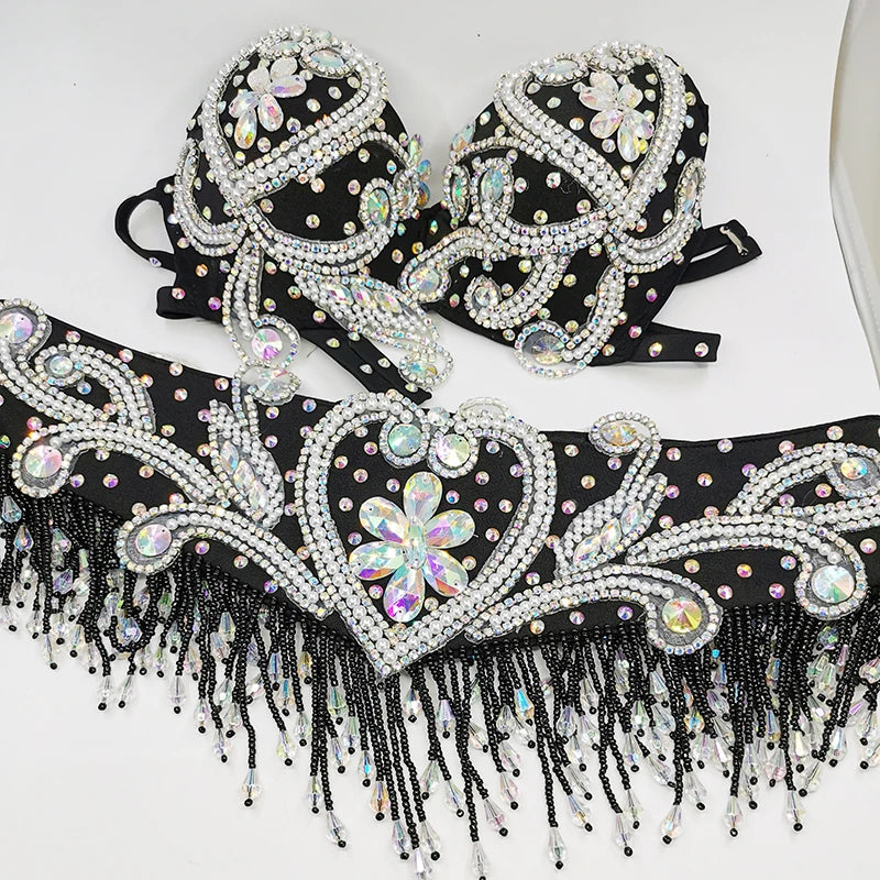Belly Dance Costume Womens Royal Blue Halter Bra and Hip Scarf with Silver Embroidery, Rhinestones, and Beaded Fringe for Performance