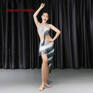 Belly Dance Costume Women's White & Grey Fringe Sequin Asymmetrical Skirt & Bra Top Set for Performance