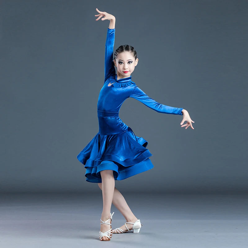 Girls' Blue Velvet Long Sleeve Ruffle Latin Ballroom Dance Dress