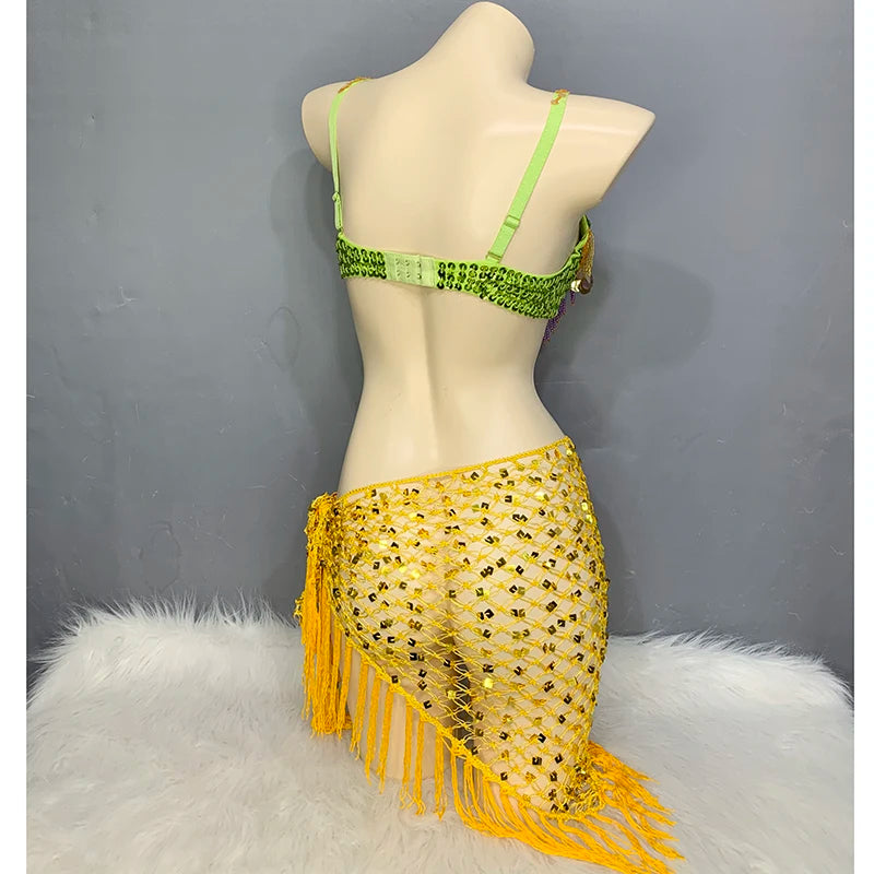 New Women Belly Dancing Suite Beaded Sequined Bra+ Long Tassel Hip Scarf 2PCS Set Samba Costumes Club Night Dance Wear N21007