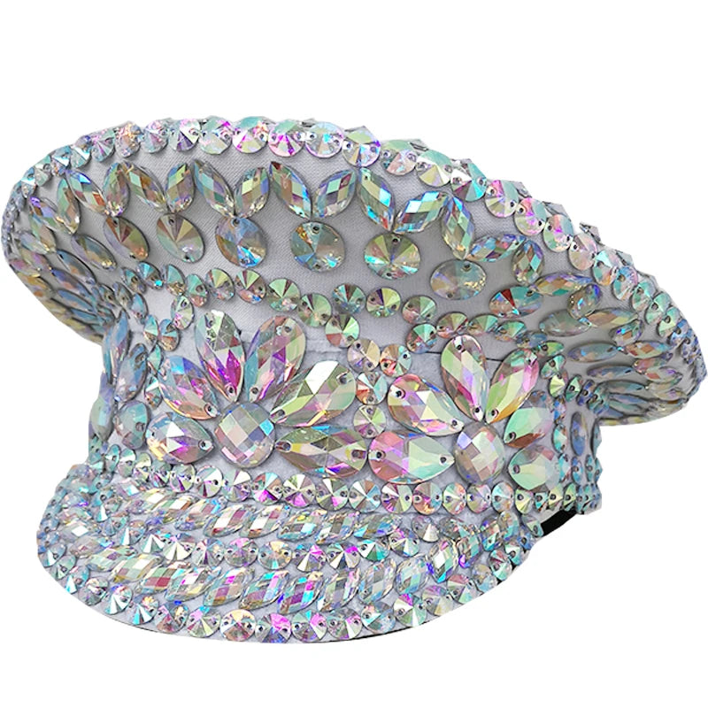 Rhinestone Embellished Military Hat, White, Sparkly Crystal Gemstone Studded, Festival Dance Accessory