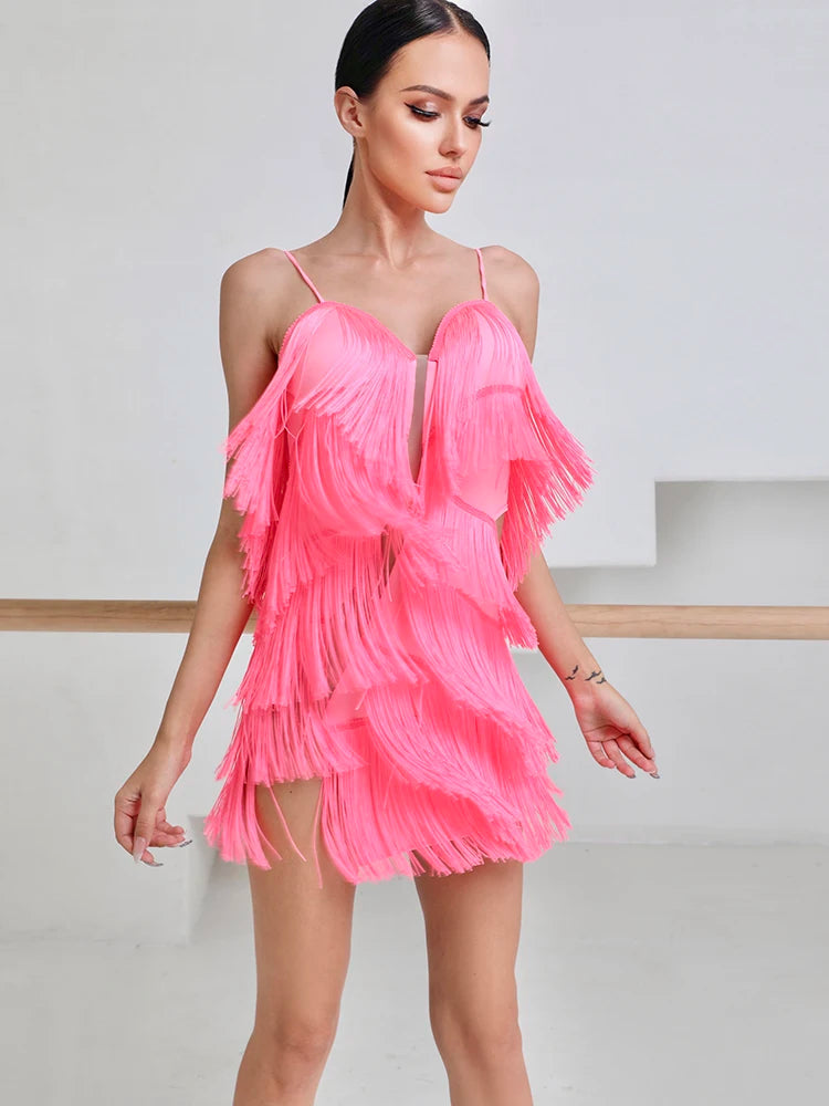 Women's Black Fringe Latin Ballroom Dance Dress, V-Neck Spaghetti Strap Cut-Out Mini Dress