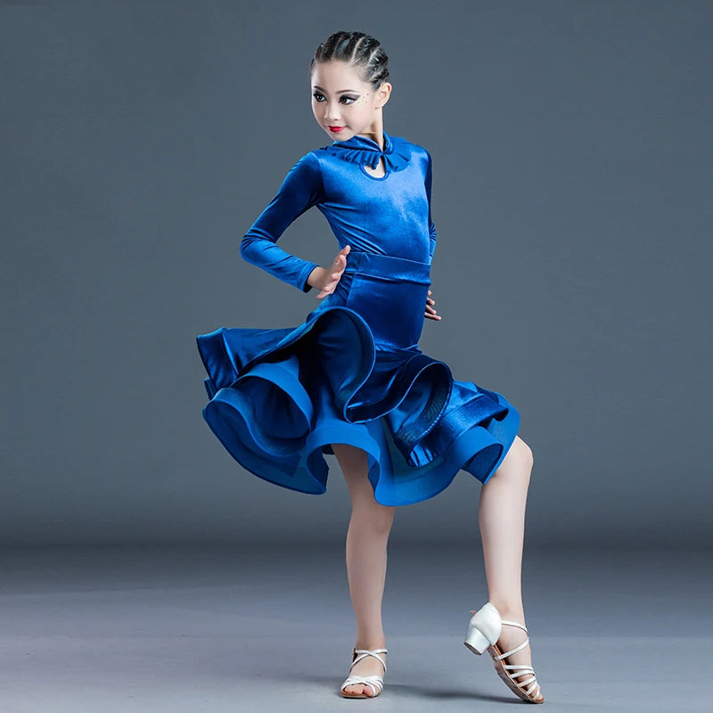 Girls' Blue Velvet Long Sleeve Ruffle Latin Ballroom Dance Dress