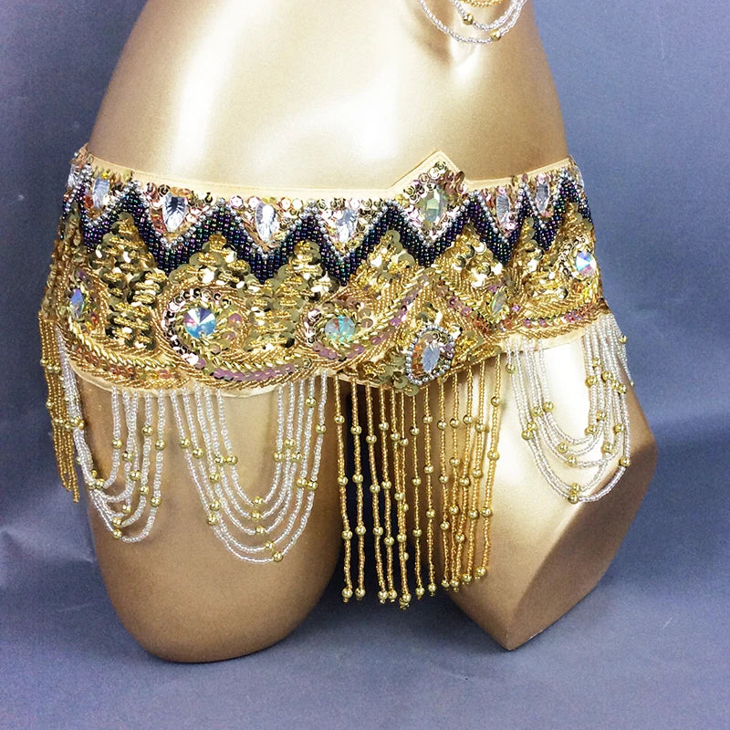 Belly Dance Costume Women Gold Sequin Beaded Fringe Halter Top and Belt Set with Rhinestone Necklace