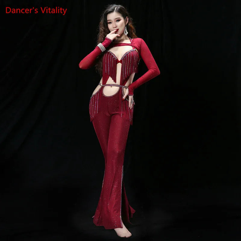 Women's Black Sparkle Halter Neck Fringe Cutout Belly Dance Jumpsuit with Slit Leg
