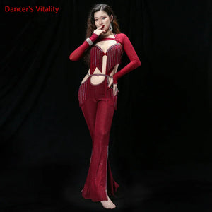 Women's Black Sparkle Halter Neck Fringe Cutout Belly Dance Jumpsuit with Slit Leg