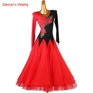 Ballroom Dance Dress Women's Red Black Long Sleeve Embroidered Rhinestone Standard Waltz Tango Competition Gown