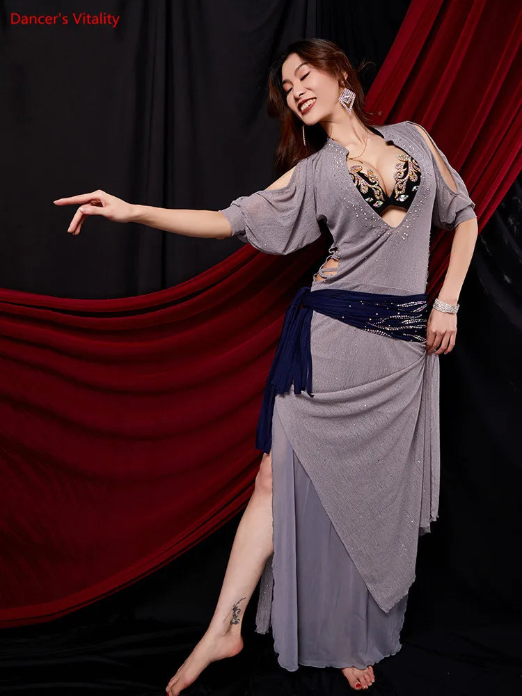Belly Dance Dress Women's White Long Sleeve Sequin Sash Slit Skirt Set