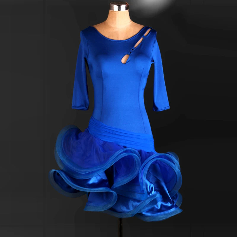 Latin Dance Dress Women's Red Stretch Knit Quarter Sleeve Cut-out Backless Ruffled Standard Ballroom Performance Costume