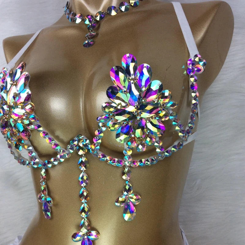 Rhinestone Iridescent Crystal Embellished Bra and Bikini Set for Carnival/Rave/Burlesque Dancing