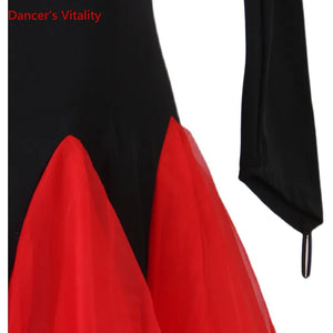 Ballroom Dance Dress Women's Red Black Long Sleeve Embroidered Rhinestone Standard Waltz Tango Competition Gown