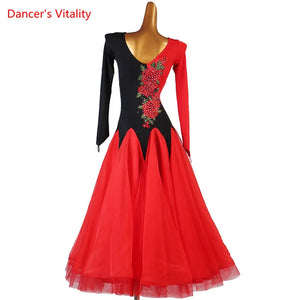 Ballroom Dance Dress Women's Red Black Long Sleeve Embroidered Rhinestone Standard Waltz Tango Competition Gown
