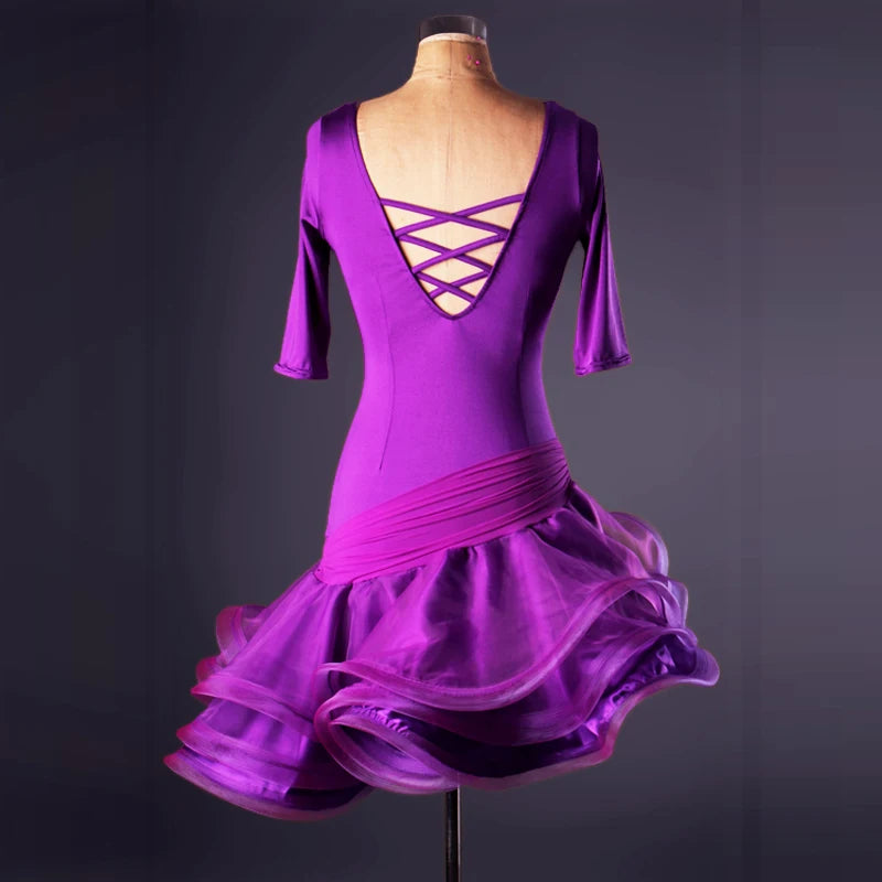 Latin Dance Dress Women's Red Stretch Knit Quarter Sleeve Cut-out Backless Ruffled Standard Ballroom Performance Costume