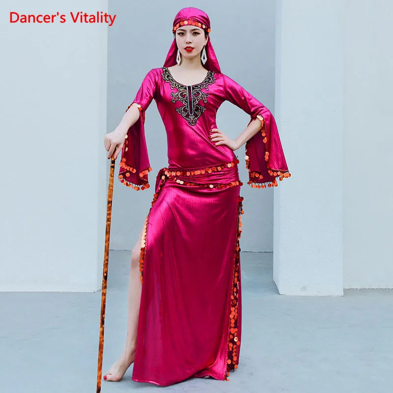 Women's Green Sequin Embroidered Long Sleeve Baladi Said Belly Dance Dress with Headband and Cane