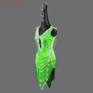 Latin Dance Dress Women's Blue Rhinestone Fringe Pearl Beaded V-Neck Backless Sleeveless Ballroom Salsa Rumba Performance Dress