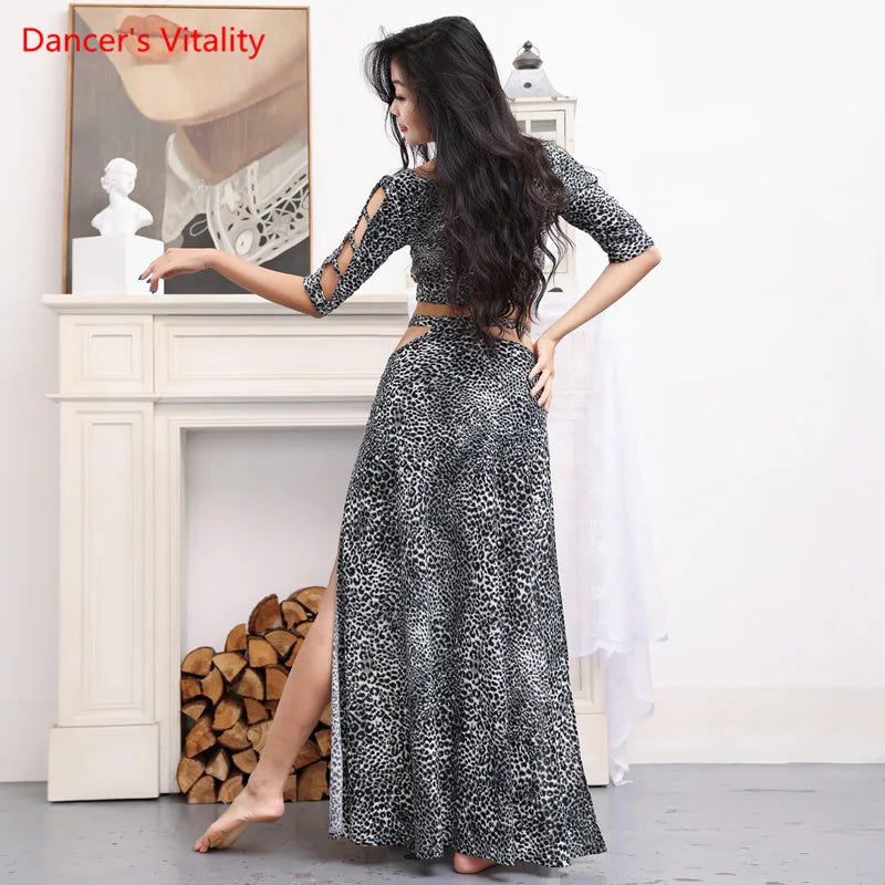 Belly Dance Costume Women's Leopard Print Halter Crop Top and High Slit Skirt Set, Chiffon Tribal Dancewear