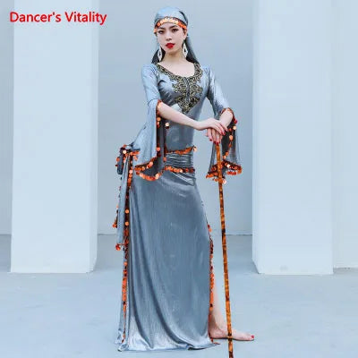 Women's Green Sequin Embroidered Long Sleeve Baladi Said Belly Dance Dress with Headband and Cane