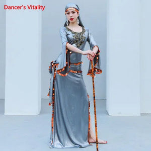 Women's Green Sequin Embroidered Long Sleeve Baladi Said Belly Dance Dress with Headband and Cane