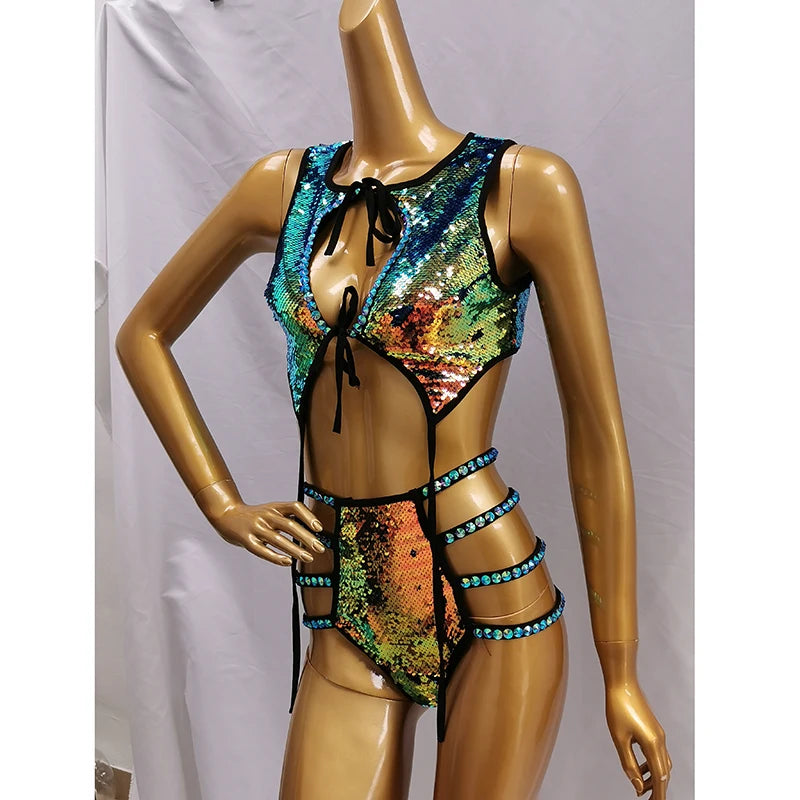 Sequined Cut-Out Bodysuit, Women's Multi-Color Sequin & Black Lycra, Open Back & Side Straps, Jazz Dance Performance Costume