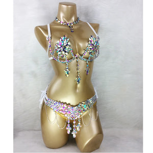 Rhinestone Iridescent Crystal Embellished Bra and Bikini Set for Carnival/Rave/Burlesque Dancing