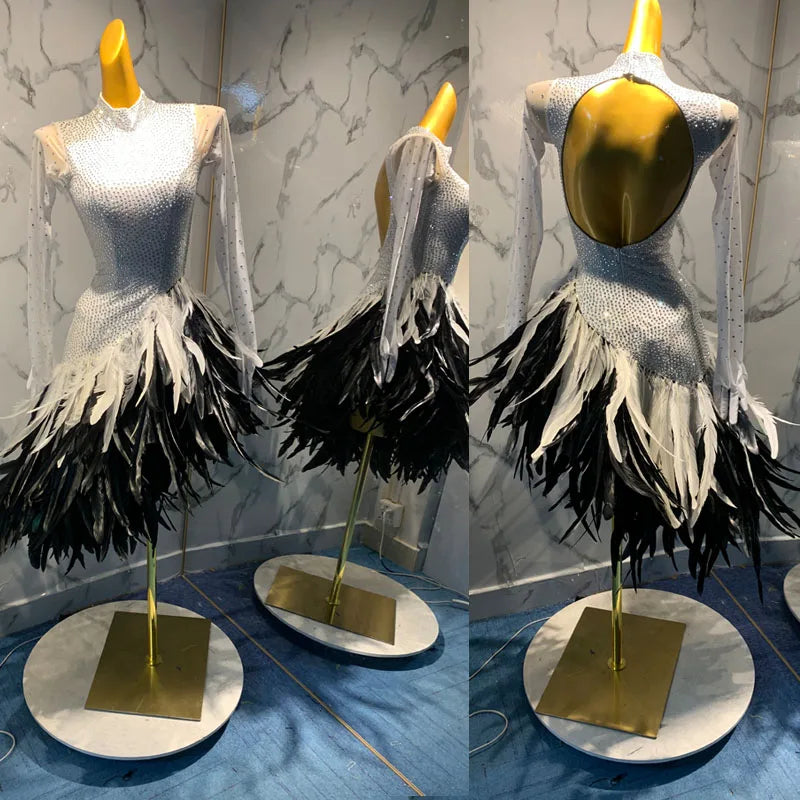 Latin Dance Dress Women's White & Black Feathered Rhinestone Open Back Mock Neck Long Sleeve Ballroom Competition Costume